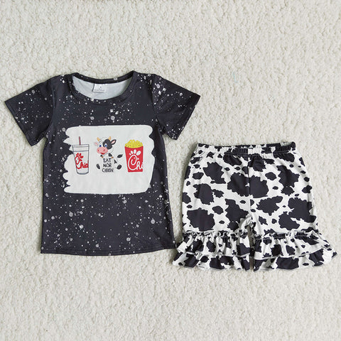 C16-7 Girl Black Shirt Cow Print Shorts Outfit-promotion 2024.4.13