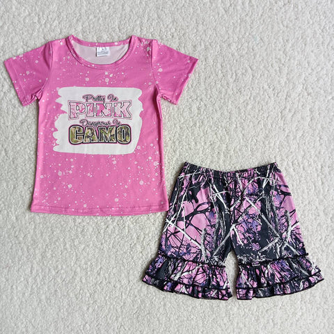 Girl Pink Shirt Camouflage Shorts Outfit
