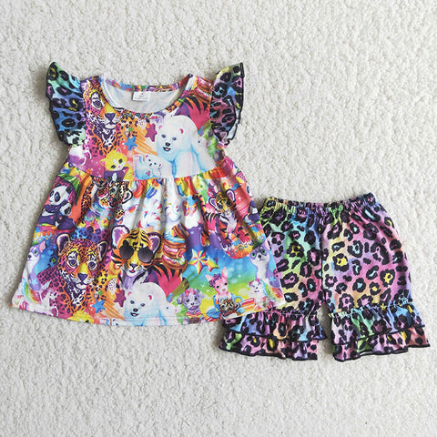 C16-3 Girl Cartoon Rainbow Leopard Shorts Outfit-promotion 2024.4.27