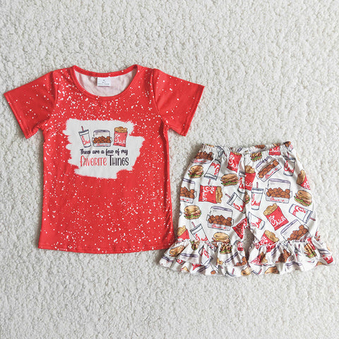 Girl Red Shirt Foods Print Shorts Outfit