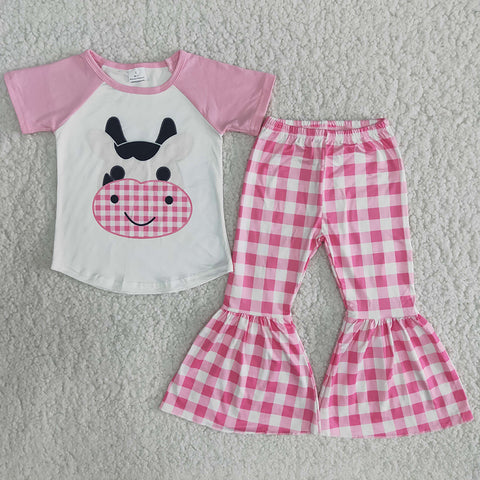 B9-11 Girl Pink Cow Plaid Pant Outfit-2024.4.27