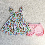 C14-3 Girl Cartoon Print Sleeveless Pink Shorts Outfit