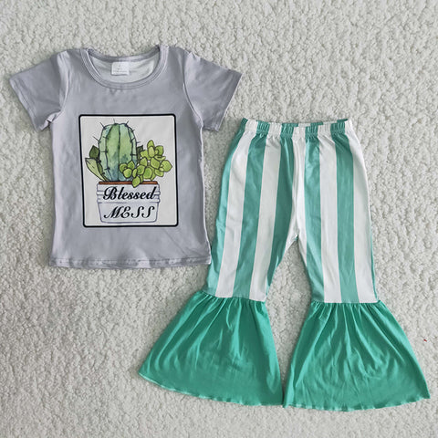 B6-22 Girl Cactus Green & White Striepd Outfit-2024.4.27