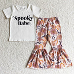 Spooky Letter Print White Short Sleeve Shirt Flower Skull Bell Bottom Girls Outfits