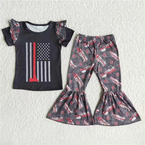 C7-24 Flag t shirt fire bell bottom children outfit-promotion 2024.6.15