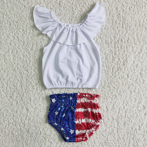 Baby 4th of July White Cotton Shirt Stripe Star Bummies Baby Girls Sets