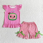 Pink Cartoon Shirt Red Plaid Shorts Baby Girl Summer Outfits