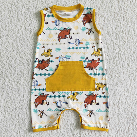 Sleeveless With Yellow Pocket Cute Print Baby Boy Summer Romper