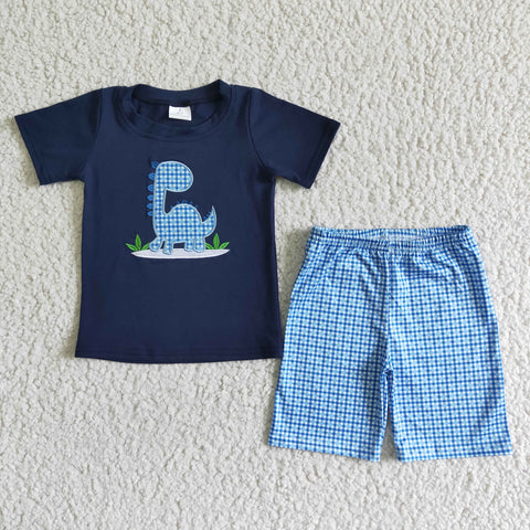 Boys Dark Blue Embroidered Dinosaur Short Sleeve Shorts Grid Set
