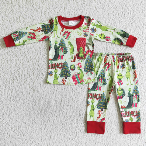 Boy Christmas Clothing Green Monster Print Long Sleeve Long Pants Pajamas Outfit