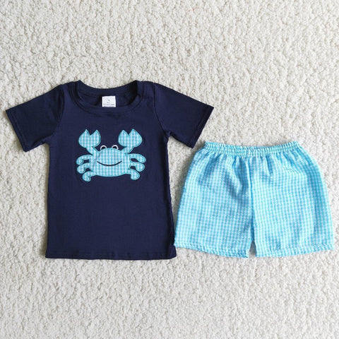 Boy Embroidery Crab Plaid Short Outfit