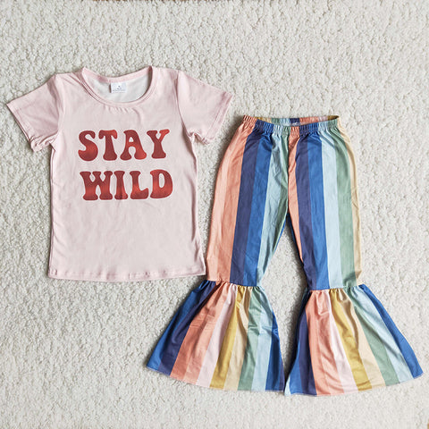 Clearance Girl Pink Stay Wild Striped Outfit