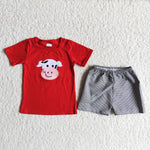 Boy Embroidery Cows Head Plaid Shorts Outfit