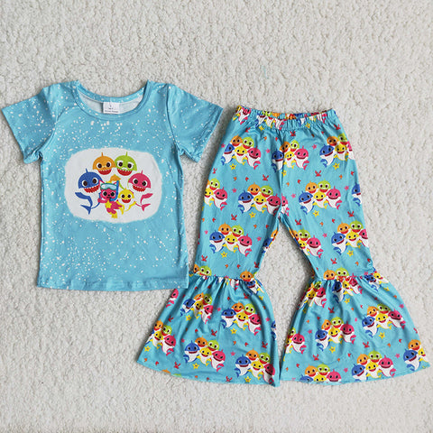 B18-14 Girl Blue Cartoon Bell Bottom Outfit-promotion 2024.6.15