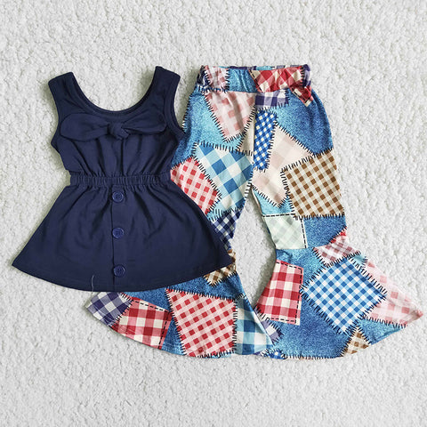 Girl Navy Sleeveless Patchwork Pant Outfit