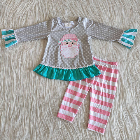 Girl Grey Santa Claus Striped Pant Outfit