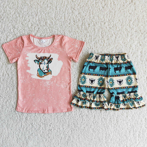 Girl Pink Cow Aztec Shorts Outfit