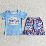Girl Blue Shirt Scale Shorts Outfit