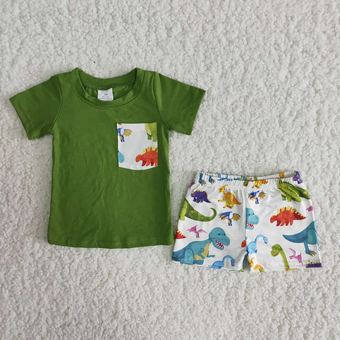 A16-12 Boy  Green T-shirt Dinosaur Shorts Outfit-promotion 2024.3.23