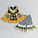 Girl Sunflowers Cow Head Striped Outfit