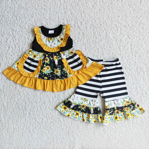 Girl Sunflowers Cow Head Striped Outfit