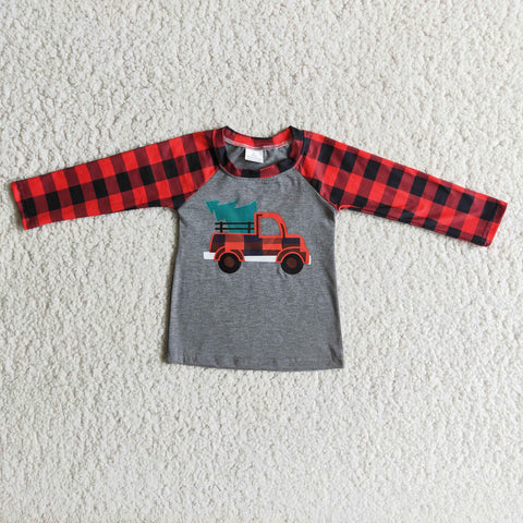 Boy Christmas Tree Car Plaid T-shirt