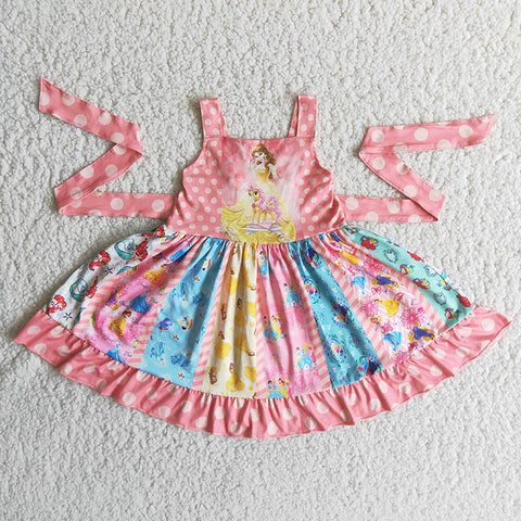A9-14 Girl Pink Cartoon Patchwork Twirl Dress-promotion 2024.1.20