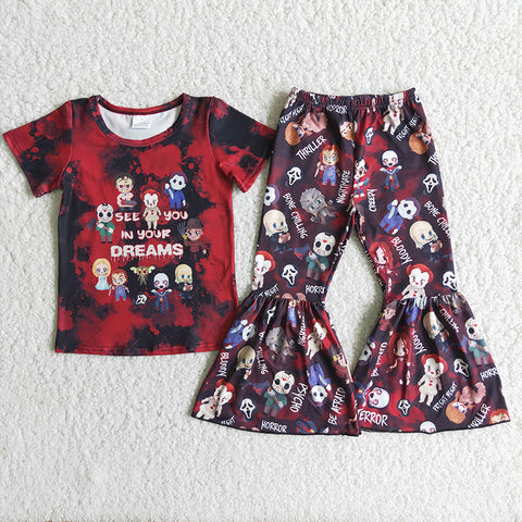 Letter Print Red Short Sleeve Bell Bottom Pants Outfit