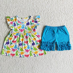 D11-27 Girl Dinosaur Blue Shorts Outfit-promotion 2024.4.20