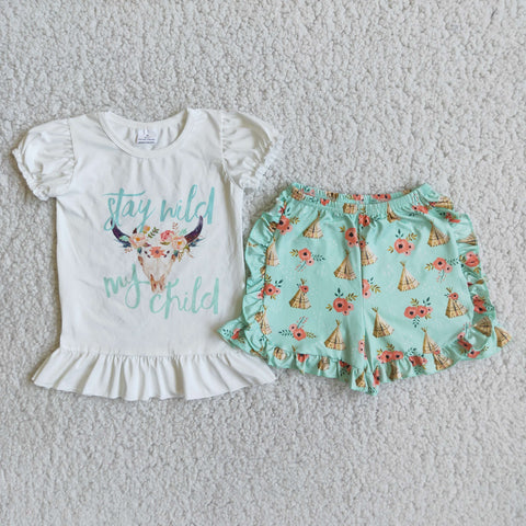Clearance Girl Stay Wild My Child Cow Head Short Outfit