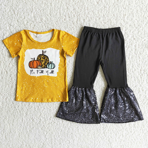 Girl Pumpkin Solid Sequin Outfits