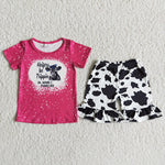 Girl Fuchsia Shirt Cow Print Shorts Outfit