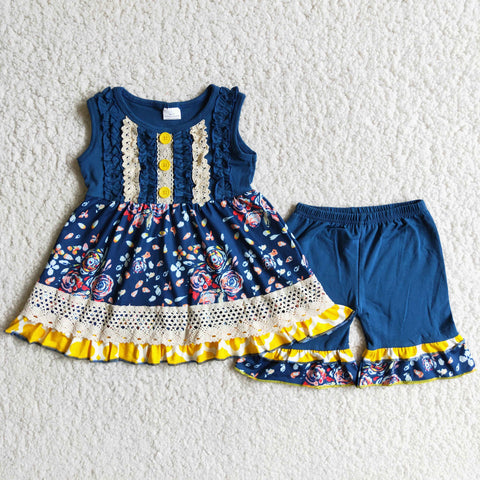 Girl Floral Sleeveless Navy Short Outfit