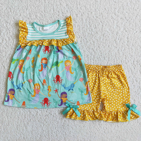 Girl Cartoon Yellow Polka Dot Shorts Outfit