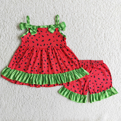 D7-30 Girl Green Striped Watermelon Shorts Outfit-promotion 2024.4.20