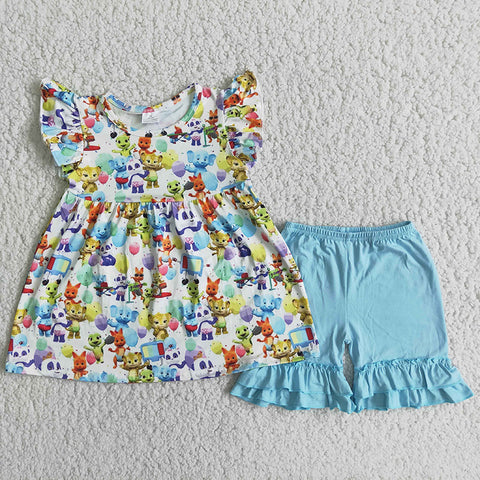 Girl Cartoon Animal Blue Shorts Outfit