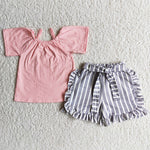 D7-28 Girl Pink Grey & White Striped Shorts Outfit-promotion 2024.4.20