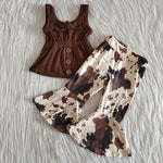 Girl Brown Sleeveless Cow Print Outfit