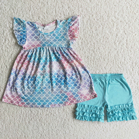 D6-26 Girl Rainbow Scale Blue Shorts Outfit-promotion 2024.4.13