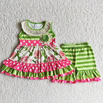 Girl Flower Sleeveless Green Striped Shorts Outfit