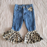 Girl Solid Leopard Bell Bottom Denim Long Pants