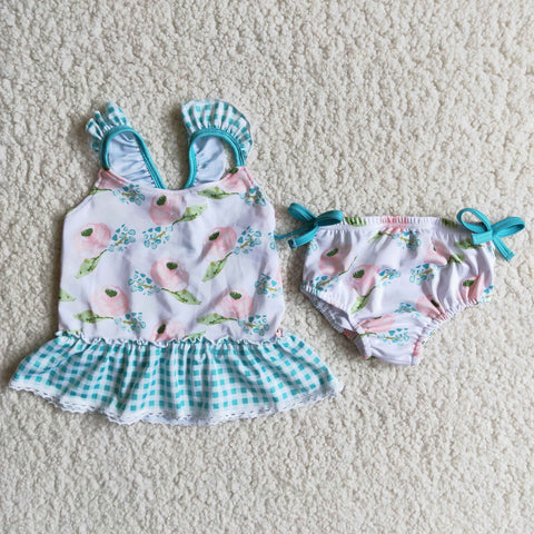Girl Floral Blue Plaid Swimsuits