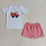 Boy Embroidery Fire Engine Plaid Shorts Outfit