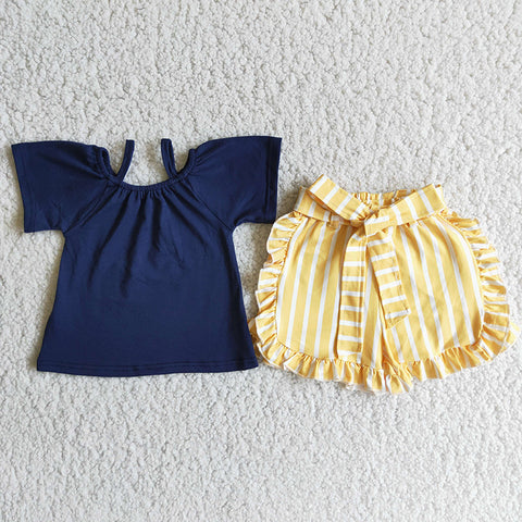 Girl Navy Yellow & White Striped Shorts Outfit