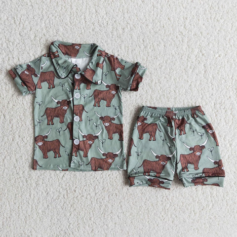Green Cow Summer Boy Pajamas With Collar