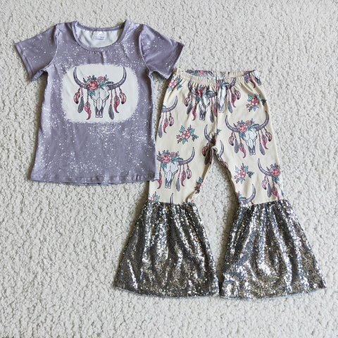 D1-14 Girl Cow Head Grey Sequin Pant Outfit-promotion 2024.7.13