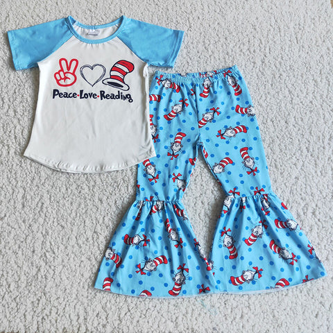 D2-12 Girl Letter Print Red Stripe Reading Blue Outfit-promotion 2024.1.6