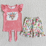 B16-1 Girl Pink Cow Head Floral Shorts Outfit-promotion 2024.3.16