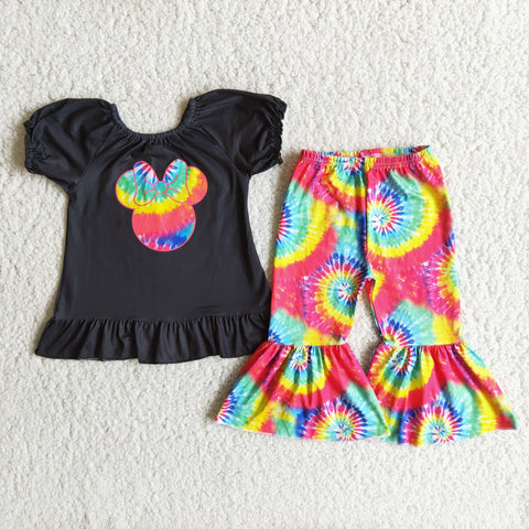 A3-10 Girl Black Ruffle Sleeve Tie Dye Shorts Outfit-promotion 2024.2.24