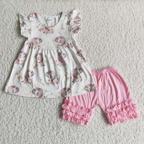 A6-9-1 Girl White Cartoon Unicorn Pink Shorts Outfit-promotion 2024.4.20